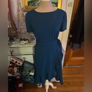 Calvin Klein Elegant Teal Green Dress 10 Sash Side Ruffle Business Wear NWOT